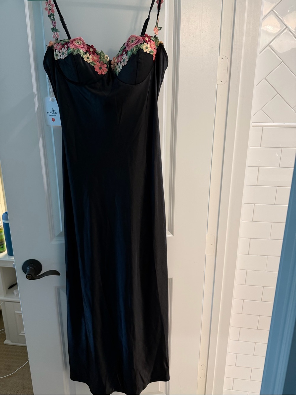 Black Slip Dress with Pink & Green Floral Trim